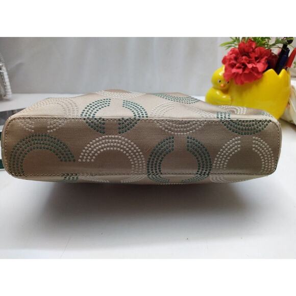 Coach Signature Brown Canvas Teal Leather Trim Zipper Satchel Crossbody Bag - Picture 6 of 14